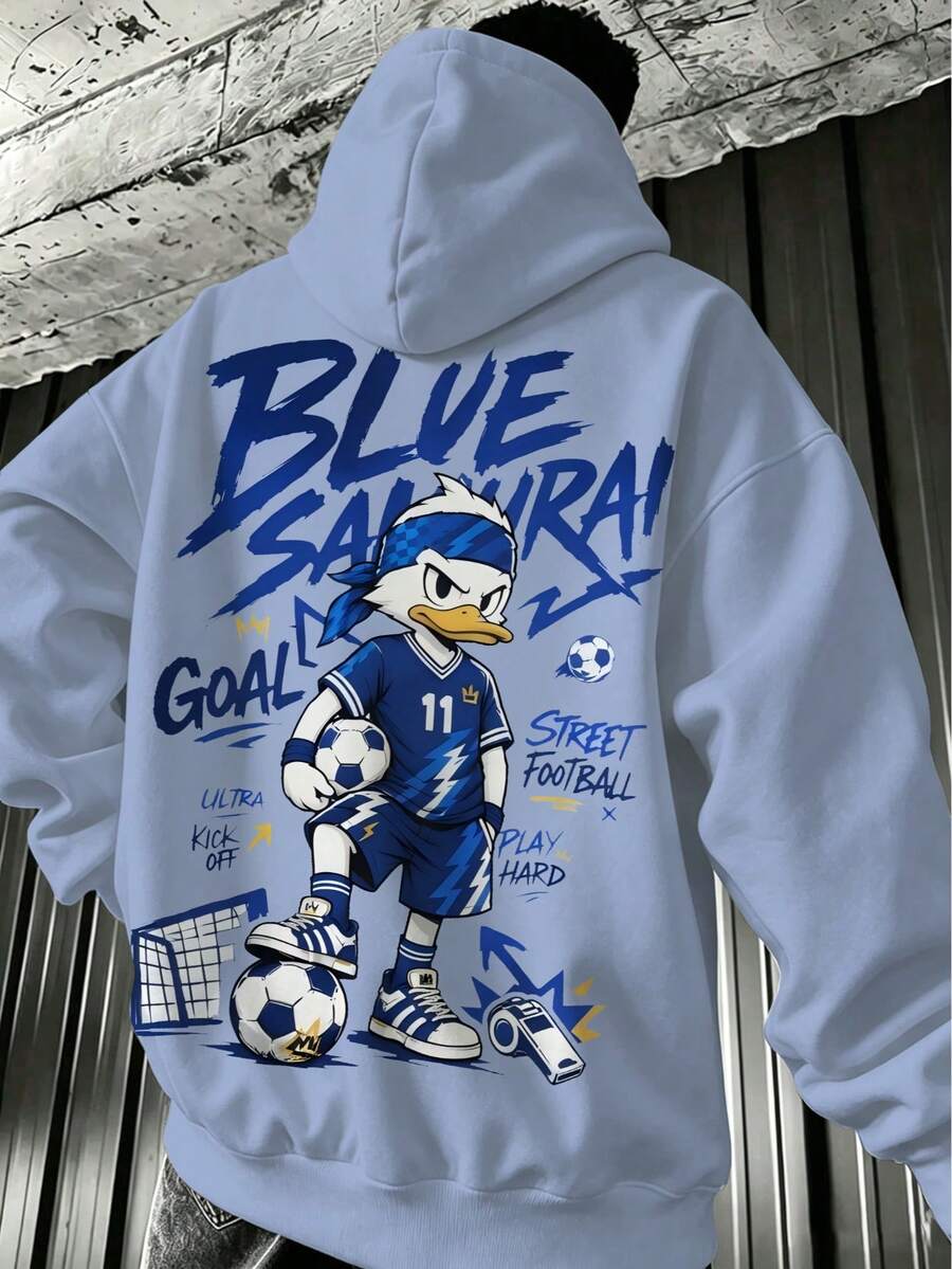 Herr sweatshirt med huva i plus size, ljusblå amerikansk sport-hoodie med fotbollsank-cartoonprint på ryggen - Babyblå - Visa 1