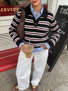 Striped Polo Collar Sweater, Loose Fit Contrast Color Knit Top, Versatile For Work And Leisure - Multicolor - View 1