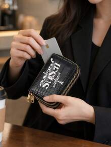 Fashionable Crocodile & Stone Texture Card Holder, Jesus Cross & Letter Pattern, Multi-Slot Minimalist Wallet, Daily Commute Fashion Card Holder, Lightweight & Portable Card Holder, Coin Purse, Suitable For Everyone Popular Minimalist Wallet, Dual Zipper Coin Pouch, And ID Window, Women's Travel, Gift Bag, Back To School Gift Bag, Gift For Teachers, Gift For Mother & Father, Back To School Gift. - Multicolor - View 6