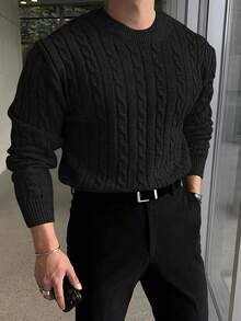 Men's Cable Knit Sweater, Soft Textured Crew Neck Pullover, Business Casual Long Sleeve Top, Suitable For Office, Work, Dates And Autumn/Winter Daily Wear - Black - View 2
