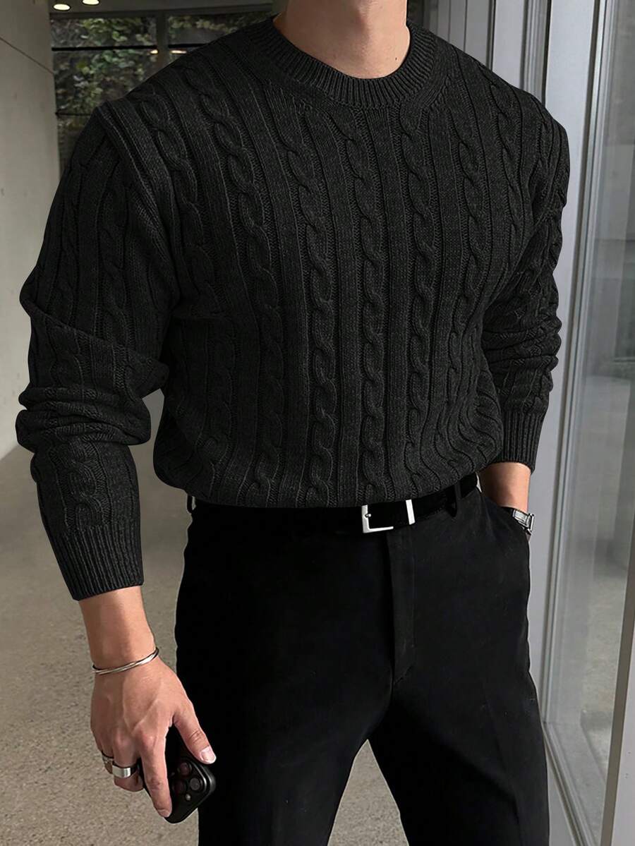 Men's Cable Knit Sweater, Soft Textured Crew Neck Pullover, Business Casual Long Sleeve Top, Suitable For Office, Work, Dates And Autumn/Winter Daily Wear