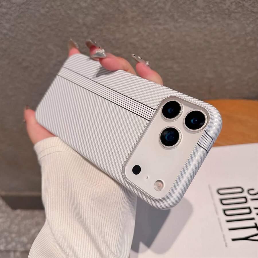 Luxury Carbon Fiber Texture Anti-Drop Protective Case Compatible With IPhone 16 14 Pro 13 12 15 Pro Max Hard Back Cover Phone Shell - White Stripes - View 1