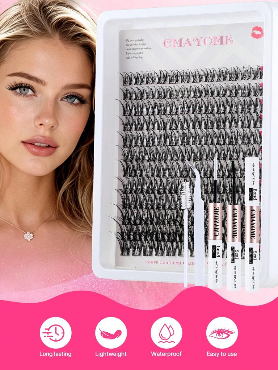 144pcs DIY At‑Home Lash Clusters Extension Set, Wispy Soft Individual False Eyelash Clusters Mixed Length, Ultra‑Thin Lash Band, Complete Kit With Lash Bond Seal Glue, Eyelash Tweezers & Lash Brush, Reusable Segmented Lashes For Daily Party Makeup - White - View 1
