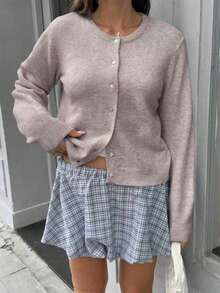 Women's Button Front Ribbed Knit Cardigan, Loose Fit, Round Neck, Long Sleeve, Beige, Elegant Casual Autumn Layering Top - Apricot - View 5