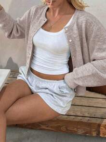 Women's Button Front Ribbed Knit Cardigan, Loose Fit, Round Neck, Long Sleeve, Beige, Elegant Casual Autumn Layering Top - Apricot - View 4