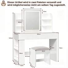 Devoko Dressing Table With LED Lighting, 3 Colors With Adjustable Brightness, Dressing Table With Mirror For Make-Up, Cosmetic Table With Adjustable Shelves, 2 Drawers, Modern, White - View 9