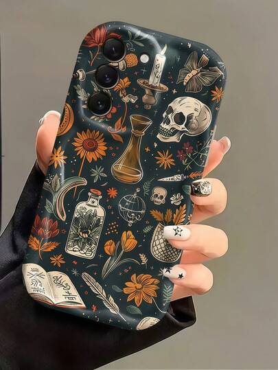 1pc Cream Wavy Ins Shockproof Anti-Drop Protective Phone Case, Autumn Halloween Phone Shell, Vintage Witchcraft Mysterious Phone Case Skull Potion Bottle Spell Book Floral Butterfly Candlestick Print Wavy Edge Shockproof Soft TPU Anti-Drop Protective Phone Case Suitable For Android Devices, Compatible With Samsung, Moto, Series Phones