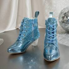 1 Pair Girls' Boots 2026 Autumn/Winter New High Heel Kids Plus Size Ankle Boots Fashionable Princess Boots Suitable For Party And Vacation - Mint Blue - View 4
