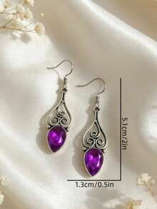 1 Pair Vintage Bohemian Style Purple Rhinestone Teardrop Geometric Hollow Pendant Earrings, Suitable For Women's Daily, Party, Travel Wear Jewelry Gift - Silver - View 2