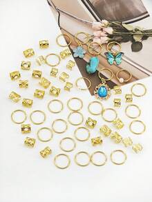 56pcs Fresh Ocean Breeze Hair Rings With Blue Butterfly, Camellia, Rhinestone & Bead Hair Jewelry For Women's Braid - Gold - View 5