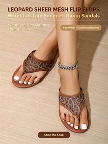 Double Leopard Print Elegant Polyester Hollow Out Sandals, Flip Flops, Lightweight Thong Slippers For Vacation, Autumn/Winter - Brown - View 1