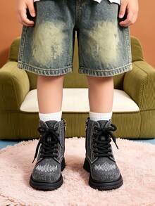1 Pair Kids Vintage Denim Texture Boots With Embroidery And Side Zipper, Suitable For School, Commuting, Daily Casual Wear, Autumn/Winter - Black - View 1
