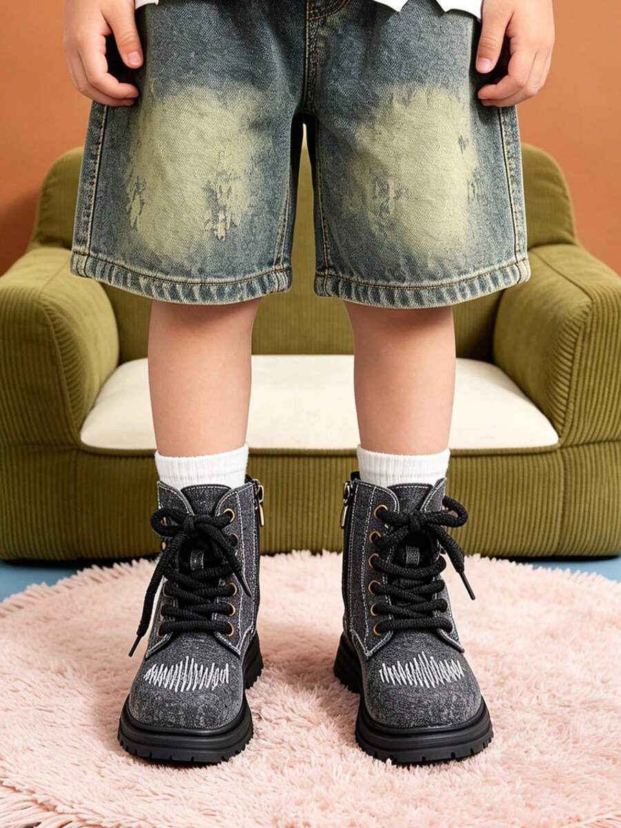 1 Pair Kids Vintage Denim Texture Boots With Embroidery And Side Zipper, Suitable For School, Commuting, Daily Casual Wear, Autumn/Winter - Black - View 1