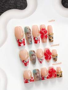 10pcs Exquisite Handmade Press-On Nails, Polygel Nail Art Set, Handmade Floral, Chain, Leopard Print, Red-Brown Nail Polish, Mature Style, Includes Nail Tools, 3 Sizes Available, Almond, Duck, Coffin Shape, Suitable For Party, Dancing, Daily Wear - Multicolor - View 1