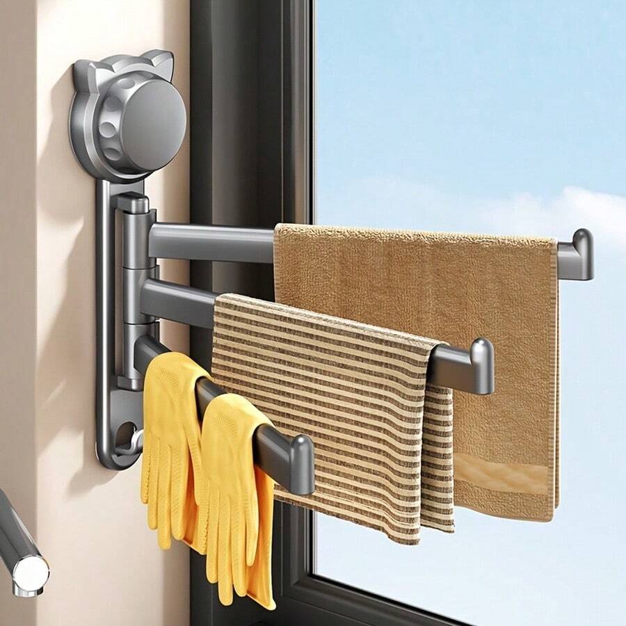 1pc Kitchen Cloth Rack With Strong Suction Cup, 3 Hooks, Multi-Bar Rotating Drain Rack For Window Sill, Easy Installation Without Drilling, Suitable For Sink And Basin Cloth, Towel Storage Hooks