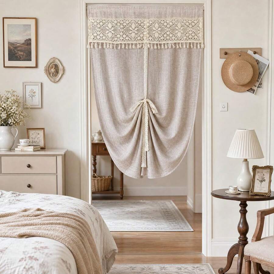 1PC Bohemian-Style Solid Color Tassel Curtain,Providing Privacy; Light Brown Faux Linen Curtain For Living Room And Bedroom;Height Adjustable Home Drapes