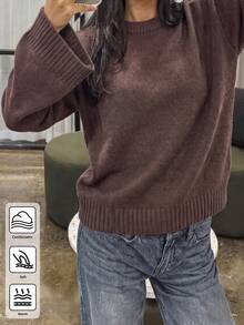 Sweater Rajut Longgar Wanita Warna Cokelat Tua Polos dengan Kerah Bulat dan Bahu Jatuh, Atasan Rajut Minimalis Warna Bumi, Cocok untuk Jalan-jalan di Kampus dan Makan Malam Thanksgiving - Coffee Brown - View 1