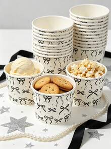 Bow Pattern Ice Cream Cup, Minimalist Ribbon & Star Sketch Print, Disposable Dessert Bowl, Suitable For Cold Drinks, Ice Cream, Pudding And Snacks, Perfect For Adult Elegant Parties, Bridal Showers, Wedding Receptions, Garden Gatherings And Catering Services - Multicolor - View 2