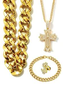 2pcs/Set Cross Pendant Hip Hop Punk Necklace Exaggerated Men's Big Gold Chain Set, Vintage Punk Style, Suitable For Party, Halloween, COS - Gold - View 8