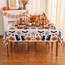 1pc Halloween Pumpkin Bat Spider Web Print Rectangular Tablecloth, Suitable For Holiday, Party, Birthday, Dinner, Restaurant Table Decoration, Halloween Home Autumn/Winter Decor - A - View 4
