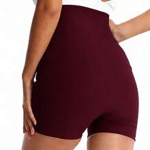 1pc Women's High Waist Sports Shorts, Solid Color Knit Fabric, High Elasticity Material Fall - Burgundy - View 5