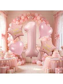 5pcs Pink Birthday Party Balloon Set With Star, Heart, Number 1 Foil Balloons, Suitable For Birthday Party Decoration, Theme Party Setup, 1st Birthday, Anniversary - Pink Star Heart Number 1 - View 5