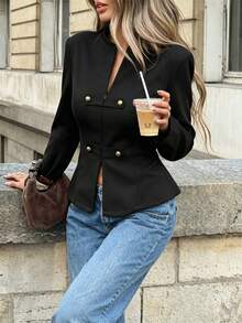 Women's Black Woven Long Sleeve Shacket, Round Neck, Zipper And Faux Button Design, Regular Fit Autumn Top - Black - View 10