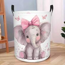 1 cái giỏ đựng đồ giặt tròn họa tiết hoa voi dễ thương nơ hồng, dung tích lớn, có tay cầm, gấp gọn được, dùng cho phòng ngủ, ký túc xá, sắp xếp nhà cửa - Hồng - Xem 6