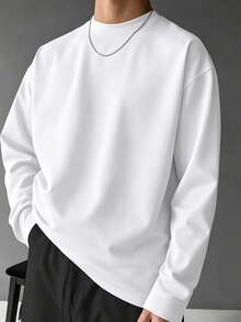Men's Classic Solid Color Crew Neck Long Sleeve T-Shirt, All-Season Wear, Essential Long Sleeve For Autumn/Winter Wardrobe - White - View 9