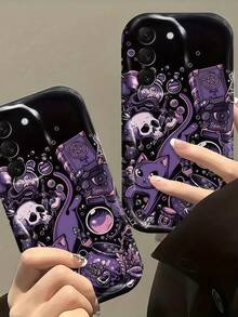 1pc Cream Wavy Ins Shockproof Anti-Drop Protective Phone Case, Autumn Halloween Phone Shell, Halloween Dark Witch Black Cat Full Print Phone Case, Magic Cauldron Skull Potion Personalized Wavy Pattern Full Coverage Phone Case, Compatible With Android Devices Anti-Drop Protective Shell Compatible With Samsung, Moto, Series Phones - White - View 4