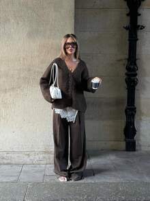 Autumn/Winter Retro Old Money Style Loose Women's Sweater Cardigan, V-Neck Button Front - Coffee Brown - View 6