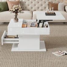 Geometric Coffee Table 70*70*45 Cm, 360° Rotating Tabletop, Lift-Top Coffee Table With 1 Drawer, High-Gloss Living Room Table With Hidden Storage, Sofa Table, Side Table, White - White - View 6
