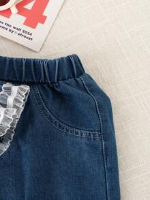 Autumn/Winter French Sweet Lace Denim Set & Baby Girl Doll-Style Denim Cardigan & Lace Patchwork Lantern Denim Pants & Versatile Casual 2-Piece Set - Blue - View 9