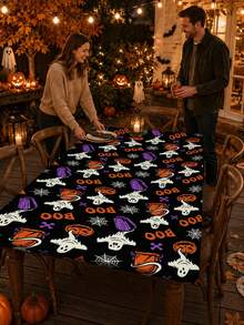 1pc Halloween Elastic Rectangular Tablecloth, Full Moon Haunted House Pumpkin Ghost Print, Outdoor Patio Party, Halloween Popular Decoration, Holiday Banquet Table Protector - A - View 9