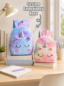 Personalized Cute Star And Moon Print Plush Backpack, Can Be Embroidered With Your Own Name, Lightweight Casual Daybag - Multicolor - View 1