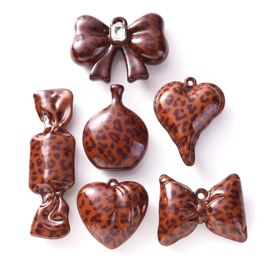 2pcs Vintage Brown Leopard Print 3D Pendant With Rhinestone Bow Candy Heart Charm, DIY Handmade Sweater Chain Keychain Bag Pendant Material - Brown - View 1