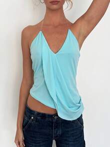 Women's Halter Neck Drape Front Cami Top, Short Polyester Medium Stretch Aqua Blue Tank, Gorgeous Summer Clothes - Blue - View 4