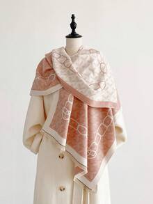 1pc Faux Cashmere Minimalist Premium Geometric Pattern Jacquard Warm Scarf For Women, Air Conditioning Room Blanket, Autumn/Winter Outdoor Travel Cold Protection Neck Warm Decorative Scarf Shawl Dual-Use, Suitable For Daily Matching, First Choice For Gift Giving - Pink - View 5