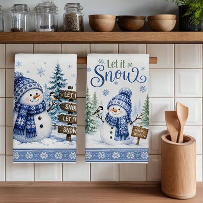 2PCS Kitchen Towels Christmas Winter Snowman Pattern Printed 40*60cm Watercolor Style Rectangular Microfiber Kitchen Towels, Dish Cloths, Tablecloths, Hand Towels, Kitchen Decor, Home Decor, Housewarming Gifts For Neighbors, Perfect For Kitchen And Bathroom Use, Suitable For Housewives And Family Gatherings, Great Value, Essential Home Product
