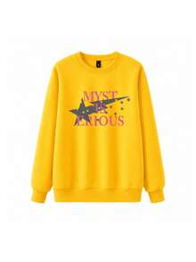 Japanese Style Lazy Star & Letter Print Loose Crew Neck Sweatshirt For Women, Autumn/Winter Casual Versatile Streetwear Top - Yellow - View 8