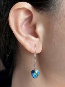 1 Pair S925 Sterling Silver Minimalist Luxury Cool Tone Ins Blue Heart Long Earline French Fashion Gentle Atmosphere Elegant Niche Design Ocean Heart Tassel Heart-Shaped Women's Earrings Fresh Elegant Personality High-End Party Versatile Accessory Gift - Love - View 6