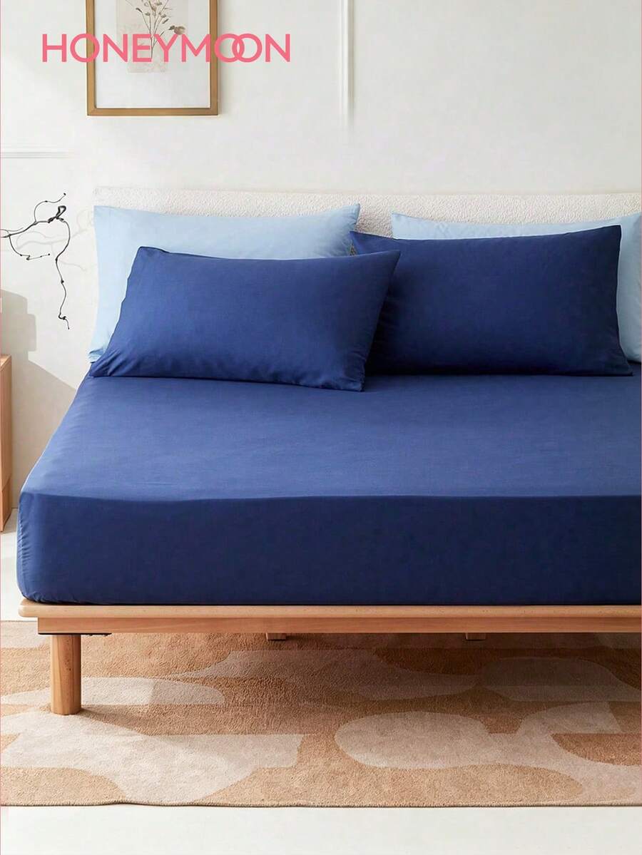 HONEYMOON 1pc Soft Comfortable Solid Color Fitted Sheet, Bed Cover Protector, Lightweight Breathable, 14 Inch/35 Cm Deep Pocket - Hypoallergenic, Machine Washable, Fits All Bed Sizes, Suitable For Dorms And Guest Rooms (Pillowcase Not Included), Back To School Dorm Essentials, Bedding, Navy Blue - Navy Blue - View 1