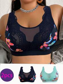 2pcs/Set Casual Comfortable Minimalist Plus Size Women's Bra, Printed Design With Lace Patchwork, Wireless Lift-Up Soft Comfortable Lingerie - Multicolor - View 3