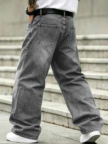 Men Washed Grey Wide Leg Baggy Jeans, Loose Relaxed Fit Casual Daily Long Denim Trousers - Grey - View 4