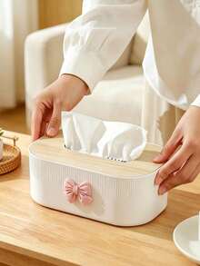 Adorable Bow-Decorated Tissue Box, Minimalist Wood Grain Napkin Dispenser, Bedroom/Living Room/Office Desktop Tissue Holder,Rectangular Vertical Striped Tissue Storage Rack, Desktop Napkin Container For Bedrooms,Offices, And Cars, Gift Selection - Multicolor - View 13