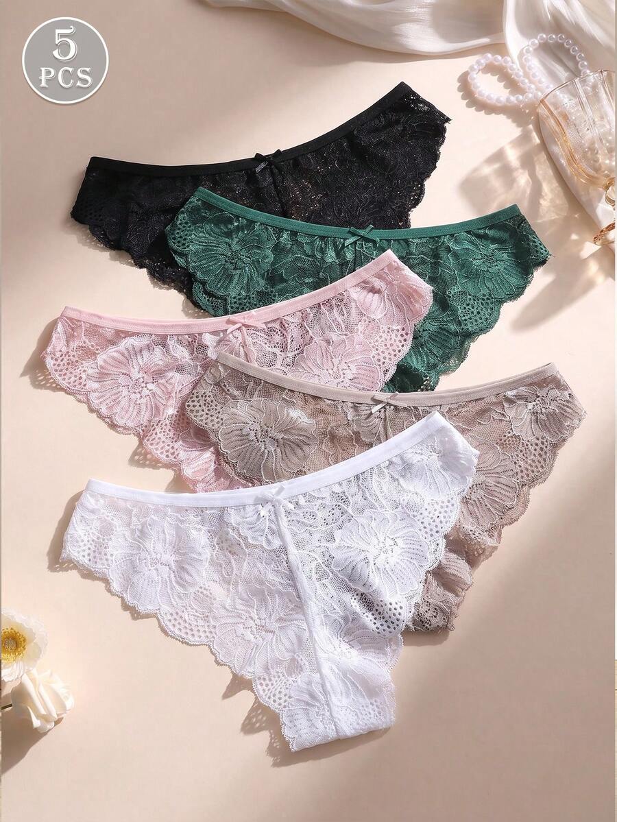 5pcs Solid Color Lace Bow Women's Panties, Elastic Soft Comfortable Women's Underwear - Multicolor - View 1