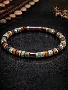 Natural Stone African Turquoise Tiger Eye Tube Beaded Bracelet For Men, Boho Style Handmade Fashion Jewelry, Suitable For Casual Attire All Season - Multicolor - View 5