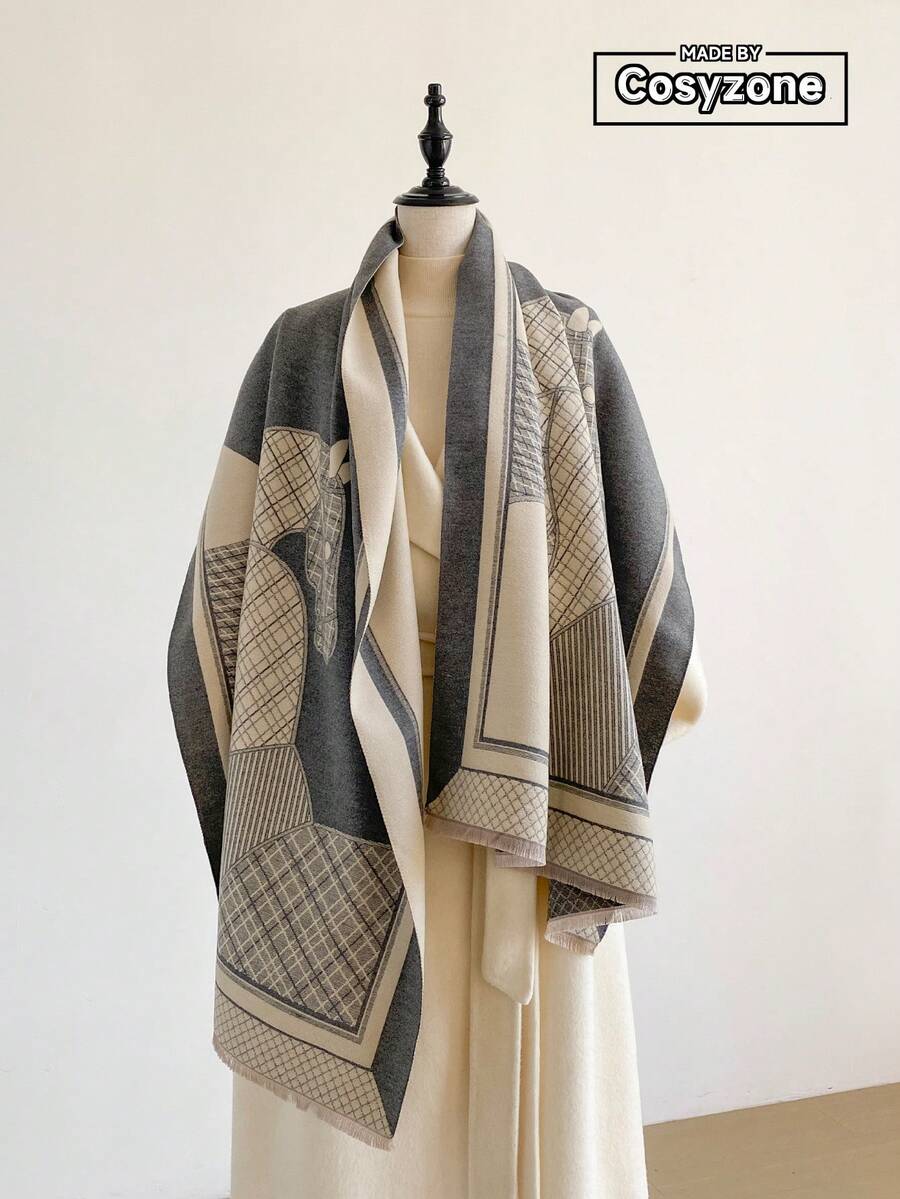 1pc Faux Cashmere Design Horse Pattern Jacquard Warm Scarf For Women, Air Conditioning Room Blanket, Autumn/Winter Outdoor Travel Cold Protection Neck Warm Decorative Scarf Shawl Dual Use, Suitable For Daily Matching, First Choice For Gift Giving - Grey - View 1