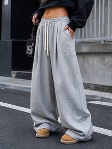 Women's Light Gray Wide Leg Sweatpants, Oversized Loose Drawstring Elastic Waistband Pocket Pants, Autumn Back To School Streetwear Style Sports - Light Grey - View 9