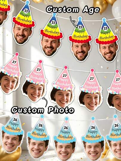 7/14/21pcs Customized Photo Face Banner, Personalized Age Party Hat Garland, Customizable Photo Banner, Suitable For Friends, Living Room, Milestone Birthday Decoration, Fun Party Photo Booth Props, Birthday Memorial Banner